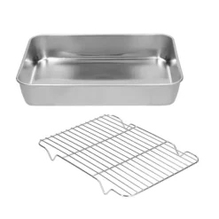 Stekpanna i rostfritt stål med ställ - Lätt att rengöra rektangulär stekpanna för matlagning och bakning (26,5x20,5x5cm / 10,4x8,1x2,0in)