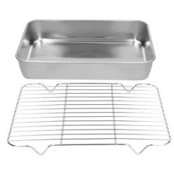 Stekpanna i rostfritt stål med ställ - Lätt att rengöra rektangulär stekpanna för matlagning och bakning (26,5x20,5x5cm / 10,4x8,1x2,0in)