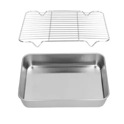 Stekpanna i rostfritt stål med ställ - Lätt att rengöra rektangulär stekpanna för matlagning och bakning (26,5x20,5x5cm / 10,4x8,1x2,0in)