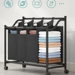 Stor tvättkorg på hjul med 4 avtagbara påsar