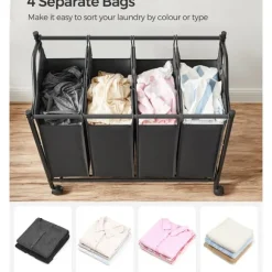 Stor tvättkorg på hjul med 4 avtagbara påsar