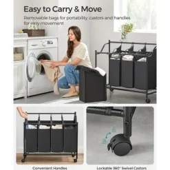 Stor tvättkorg på hjul med 4 avtagbara påsar