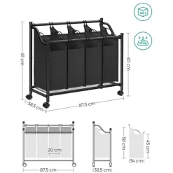 Stor tvättkorg på hjul med 4 avtagbara påsar