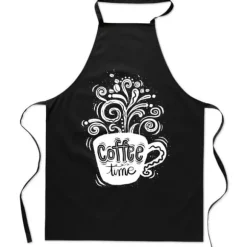 Svart FÖRKLÄDE MED TRYCK COFFEE TIME kökskaffe dam herr BOMULL