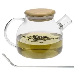 Tekanna av glas och bambu 1 L + 4 sugrör i rostfritt stål