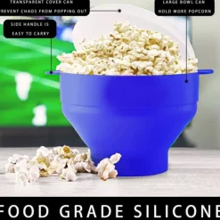 Återanvändbar Silikonpopcornmaskin för mikrovågsugn, vikbar skål med lock i Blått - 24 x 20 x 6 (14.5) cm Popcorn Maker
