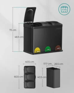 Trippel köksavfallskorg, återvinningskärl, pedal, metallavfallskorg, 45 L, avfallssorteringssystem köksavfallskorg, 3 x 15 L, med lock, stål, svart