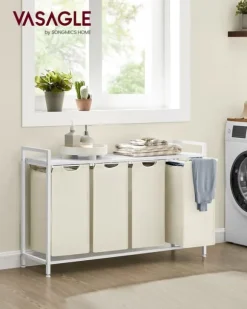 Tvättkorg – 4 fack med hylla – Vit