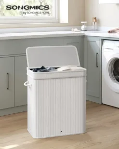 Tvättkorg 100 liter av bambu med lock och handtag vit