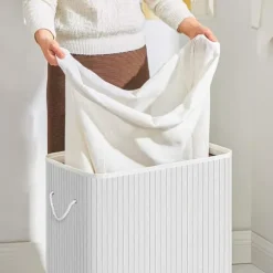 Tvättkorg i bambu 100L med 2 fack, avtagbar påse, lock - Vit