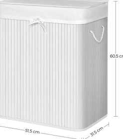 Tvättkorg i bambu 100L med 2 fack, avtagbar påse, lock - Vit