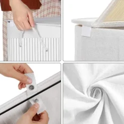 Tvättkorg i bambu 100L med 2 fack, avtagbar påse, lock - Vit