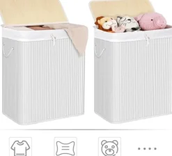 Tvättkorg i bambu 100L med 2 fack, avtagbar påse, lock - Vit