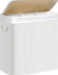 Tvättkorg i bambu 150L med 3 fack, avtagbar påse, lock - Vit