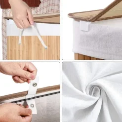 Tvättkorg i bambu 150L med 3 fack, avtagbar påse, lock - Naturlig