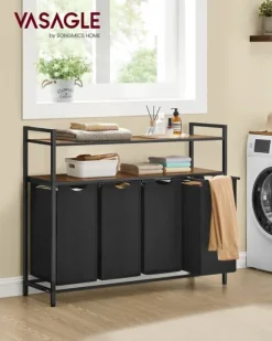 Tvättkorg med 4 fack och 2 hyllplan – Vintage brun-svart