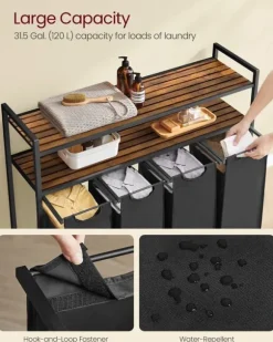 Tvättkorg med 4 fack och 2 hyllplan – Vintage brun-svart