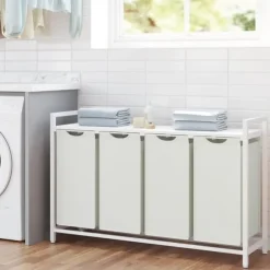 Tvättkorg med 4 fack och hylla - Vit