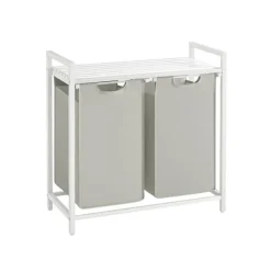 Tvättkorg, tvättkorg med 2 fack, utdragbara och löstagbara tvättsäckar, tvättsorterare, hylla, metallram, 2 x 46L, 73 x 33 x 72 cm, vit BLH201W01