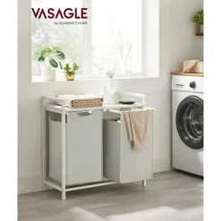 Tvättkorg, tvättkorg med 2 fack, utdragbara och löstagbara tvättsäckar, tvättsorterare, hylla, metallram, 2 x 46L, 73 x 33 x 72 cm, vit BLH201W01