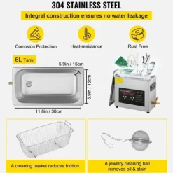 Ultraljudsrenare 6L, 400W med värme och timer för smycken, effektiv rengöring