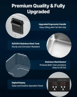 Ultraljudstvätt 10 L - Ultraljudsrengörare - 40 kHz - 180 W - Digital Display - Rengöringskorg - Rostfritt Stål