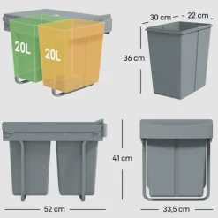 Utdragbar soptunna, 2 x 20 L, avtagbara behållare, plast, metall, Grå