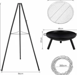 Utomhus eldstad/grill - Trefotsstativ med hängande gryta/galler - Gjutjärn - Kolgrill - Emaljerad - Justerbar - Höjd 152 cm - Bärbar