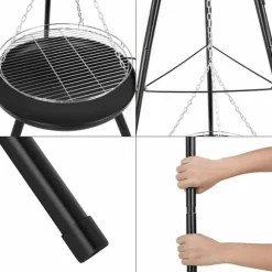 Utomhus eldstad/grill - Trefotsstativ med hängande gryta/galler - Gjutjärn - Kolgrill - Emaljerad - Justerbar - Höjd 152 cm - Bärbar