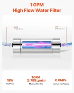 UV-vattenrenare - UV-vattenfilter - 8 W - 3,8 l/min (1 GPM) - 220 V - Hölje i rostfritt stål - Kvartshylsa - För hela huset