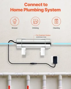 UV-vattenrenare - UV-vattenfilter - 8 W - 3,8 l/min (1 GPM) - 220 V - Hölje i rostfritt stål - Kvartshylsa - För hela huset