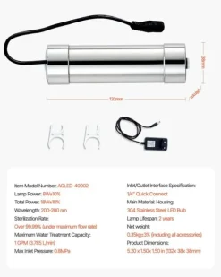 UV-vattenrenare - UV-vattenfilter - 8 W - 3,8 l/min (1 GPM) - 220 V - Hölje i rostfritt stål - Kvartshylsa - För hela huset