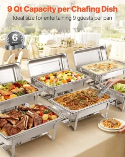Varmfack Chafing Dish - Rektangulär Buffévärmare 6-pack - Kapacitet 9,9 L - Rostfritt Stål - Lock & Bränslehållare - Tre Mattänger