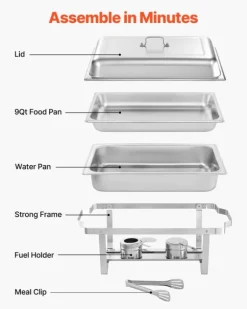 Varmfack Chafing Dish - Rektangulär Buffévärmare 6-pack - Kapacitet 9,9 L - Rostfritt Stål - Lock & Bränslehållare - Tre Mattänger
