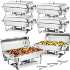 Varmfack Chafing Dish - Rektangulär Buffévärmare 6-pack - Kapacitet 9,9 L - Rostfritt Stål - Lock & Bränslehållare - Tre Mattänger