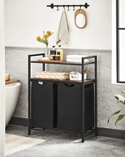 VASAGLE tvättkorgar, tvättsorterare, 2 förvaringshyllor, 46L kapacitet Rustik brun