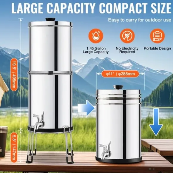 Vattenfilter Bänkskivesystem i Rostfritt Stål 2.25G, 2 Filter, Effektiv Filtrering, Hållbar Design, Gravitation-matat