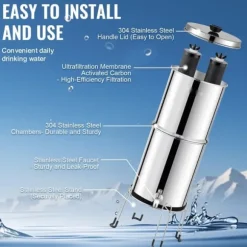 Vattenfilter Bänkskivesystem i Rostfritt Stål 2.25G, 2 Filter, Effektiv Filtrering, Hållbar Design, Gravitation-matat