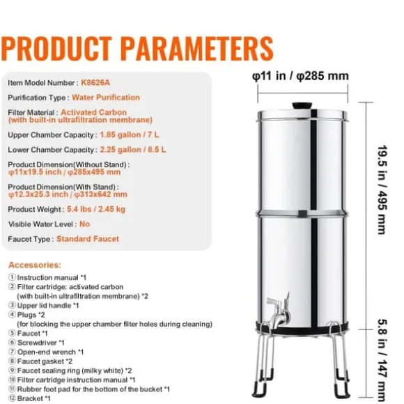 Vattenfilter Bänkskivesystem i Rostfritt Stål 2.25G, 2 Filter, Effektiv Filtrering, Hållbar Design, Gravitation-matat