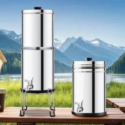 Vattenfilter Bänkskivesystem i Rostfritt Stål 2.25G, 2 Filter, Effektiv Filtrering, Hållbar Design, Gravitation-matat