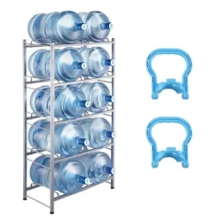 Vattenkannahållare 5-lager, Dubbelrad för 10 flaskor, Silvergrå Plastställ med Stödsystem