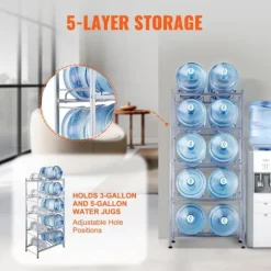 Vattenkannahållare 5-lager, Dubbelrad för 10 flaskor, Silvergrå Plastställ med Stödsystem
