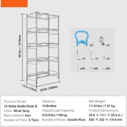 Vattenkannahållare 5-lager, Dubbelrad för 10 flaskor, Silvergrå Plastställ med Stödsystem