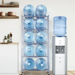 Vattenkannahållare 5-lager, Dubbelrad för 10 flaskor, Silvergrå Plastställ med Stödsystem