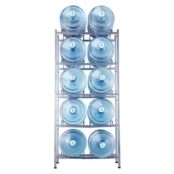 Vattenkannahållare 5-lager, Dubbelrad för 10 flaskor, Silvergrå Plastställ med Stödsystem