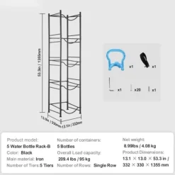 Vattenkannahållare 5-våning, Enkelrads Flaskställ för 5 Flaskor, Svart färg, Hållbar och praktisk design