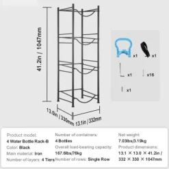 Vattenkannahållare 4-vånings, Enkelrads flaskställ för 4 flaskor, Svart, hållbar design, perfekt för hemmet