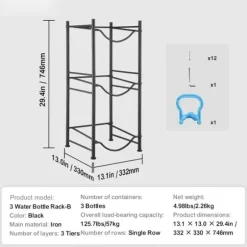 Vattenkannahållare 3-vånings, Enkelrads flaskställ för 3 flaskor, Svart, robust design, utrymmeseffektiv
