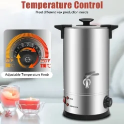 Vaxsmältare för ljus - Smältgryta med kran - 10 L - 304 Rostfritt Stål - Termostat 30–110 °C - 1800 W - 220–240 V - Silver