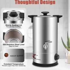 Vaxsmältare för ljus - Smältgryta med kran - 10 L - 304 Rostfritt Stål - Termostat 30–110 °C - 1800 W - 220–240 V - Silver